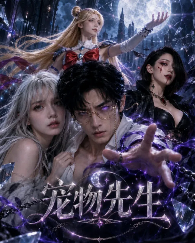 宠物先生竖版海报，魔幻风多位角色