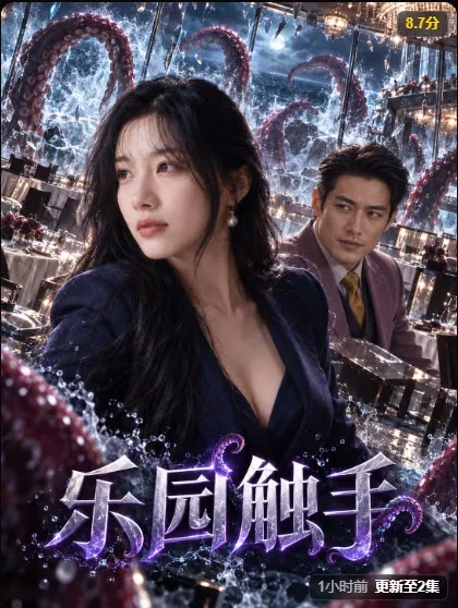 乐园触手竖版海报，蓝色调女性角色与巨大触手